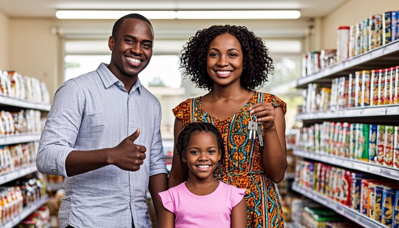 Happy Nigerian family celebrating the opening of their new shop