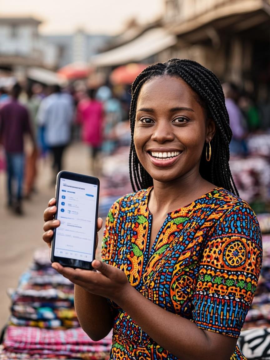 Nigerian market trader checking her savings on her phone